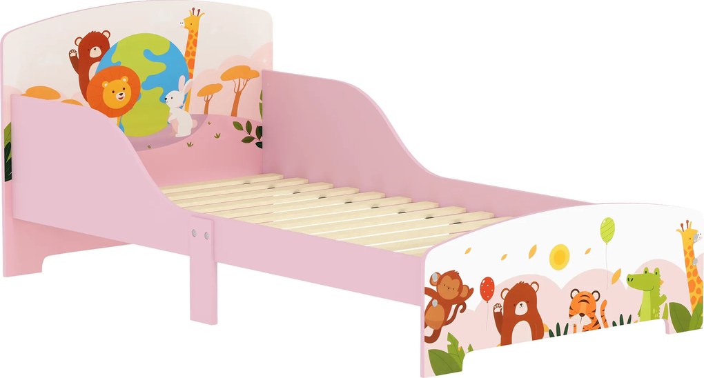 AIYAPLAY Cama Infantil Cama No Chão Estampa Animal 140x70 cm com Estrado de Ripas de Madeira Design Baixo Seguro Rosa | Aosom Portugal