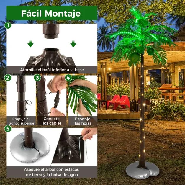 Palmeira Artificial 180cm LED Iluminada Com Base Agua Coco Tropical Decoração Festas, Natal Verde