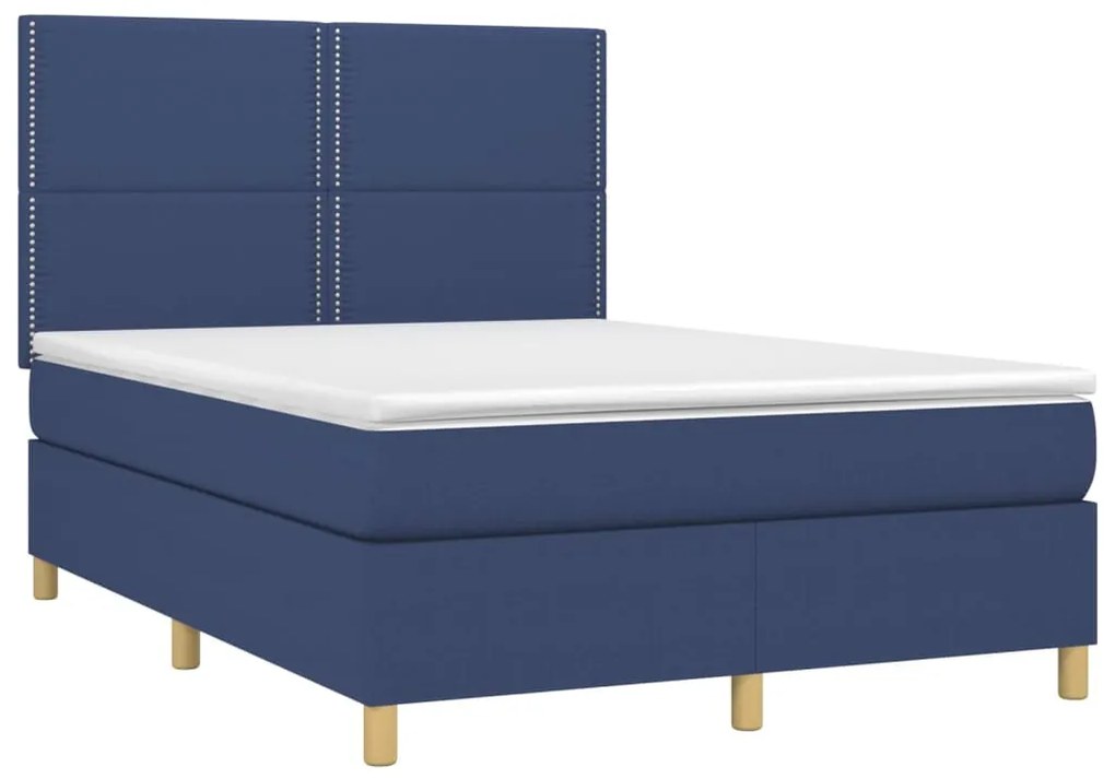 Cama box spring c/ colchão e LED 140x190 cm tecido azul