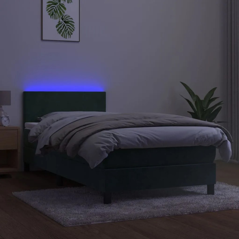 Cama box spring c/ colchão/LED 100x200 cm veludo verde-escuro