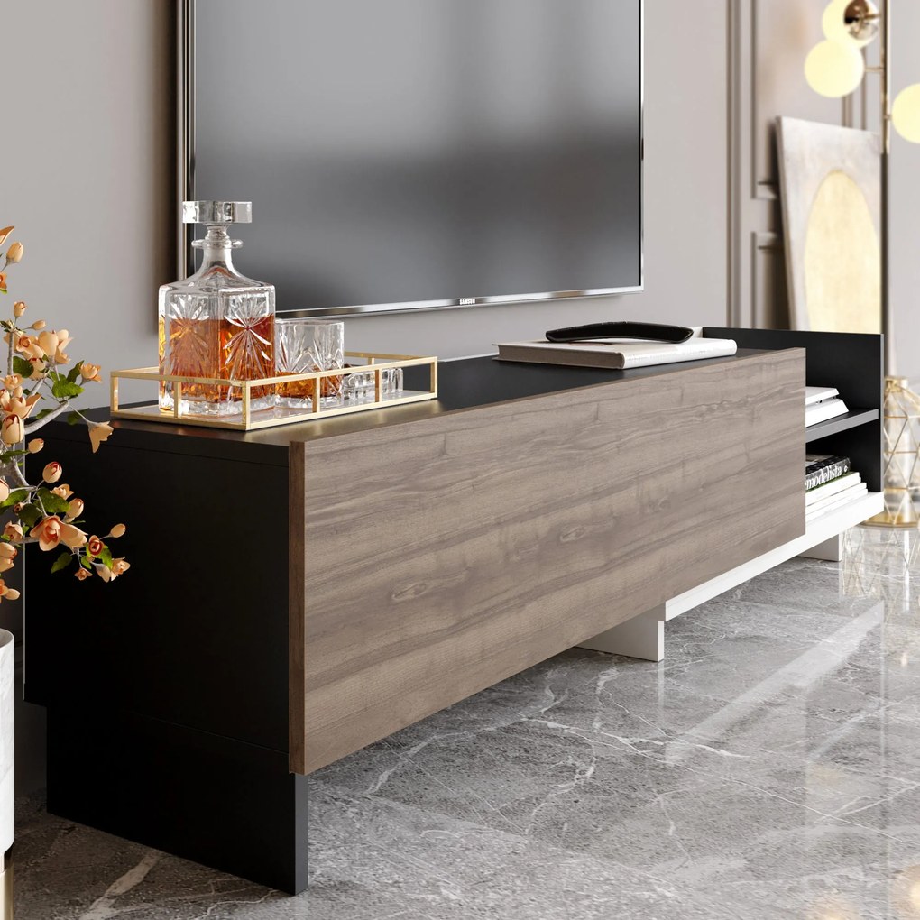 Móvel TV Parion – Branco/Preto/Nogueira – 165x35x41 cm