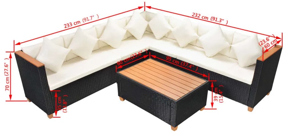 5 pcs conjunto lounge de jardim c/ almofadões vime PE preto