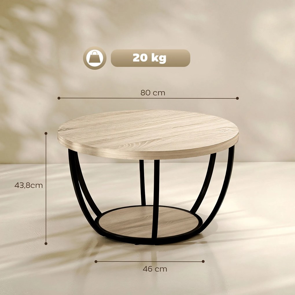 Mesa de Centro Redonda para Sala com Prateleira e Estrutura Metálica 80x80x43,8 cm Carvalho
