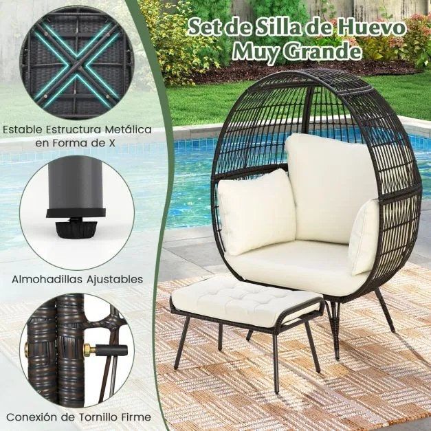 Conjunto de cadeira grande Jardim em forma de ovo com apoio para os pés em rattan PE com almofadas macias Castanho