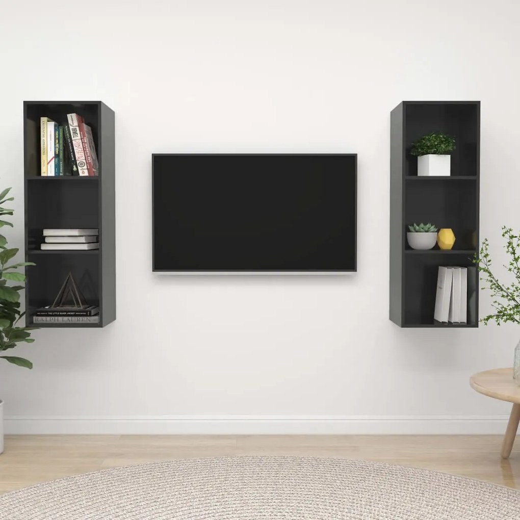 Armários de parede p/ TV 2pcs derivados madeira cinza brilhante