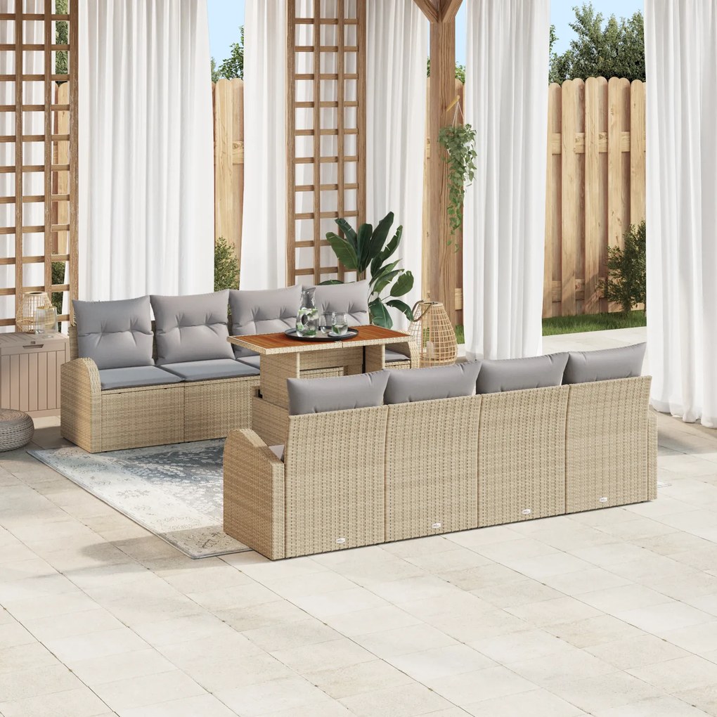 Conjunto de Sofás de Jardim vidaXL 9 Peças com Almofadas Bege Rattan Poliéster