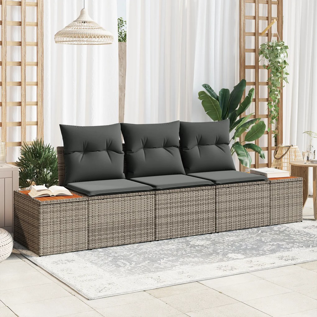 Conjunto de Sofás de Jardim vidaXL 3 Peças com Almofadas Cinza Rattan Poliéster Acácia