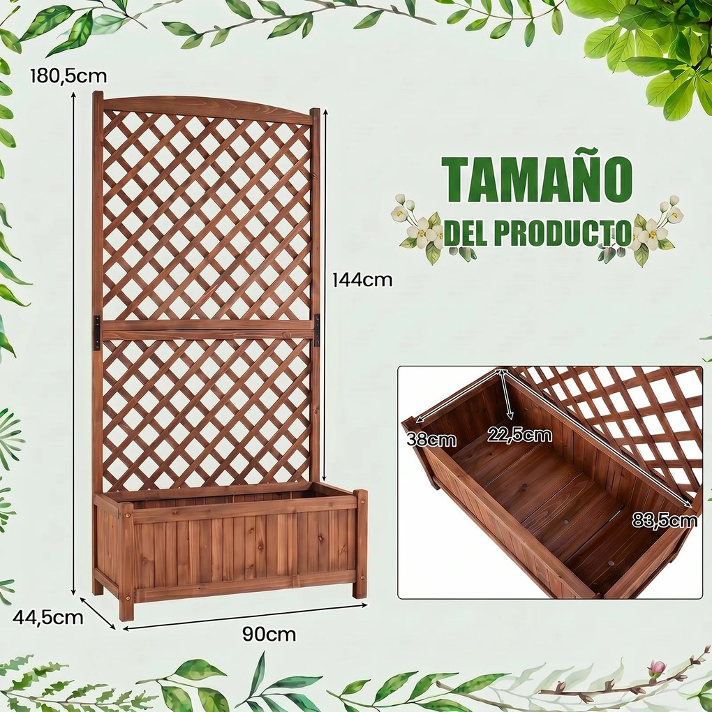Floreira com treliça em madeira maciça de abeto 90 x 44,5 x 180,5 cm, com celosía e orifícios de drenagem para plantas trepadeiras – Jardim, Pátio, Va