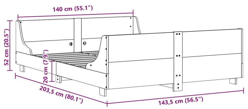 Estrutura de cama com cabeceira 140x200 cm pinho maciço