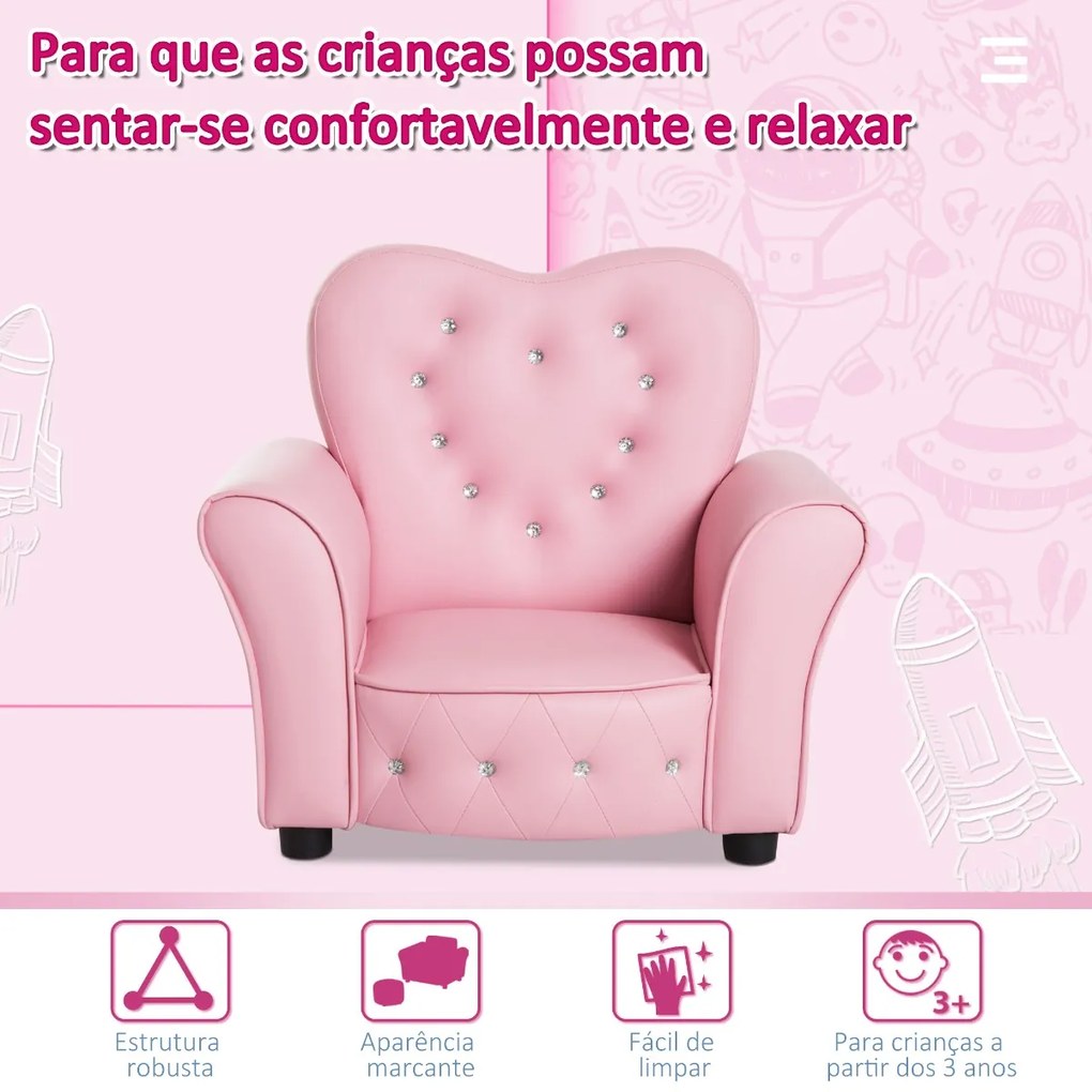 Sofá Infantil para Crianças em Forma de Coração com Assento Apoio para os Braços Acolchoados Encosto Alto 59x41,5x49cm Rosa