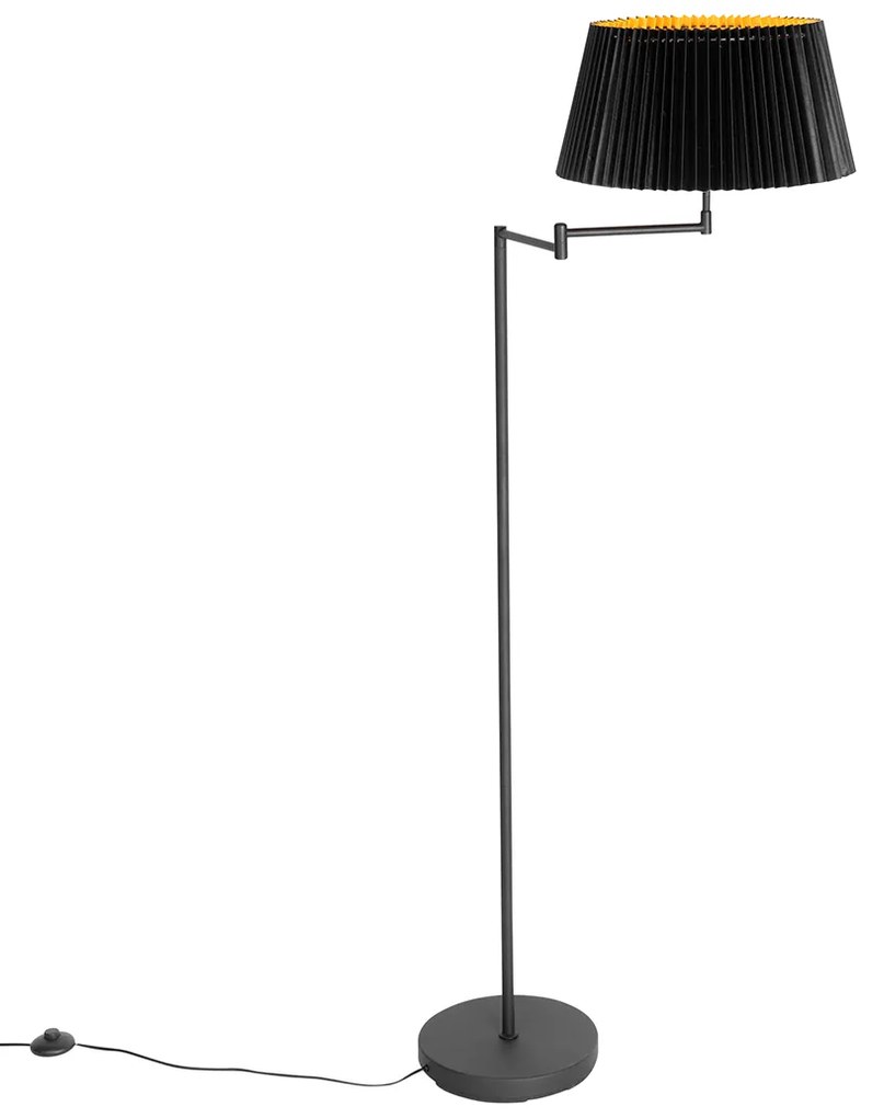 Candeeiro de pé preto com cúpula preta plissada e braço ajustável - Ladas Deluxe