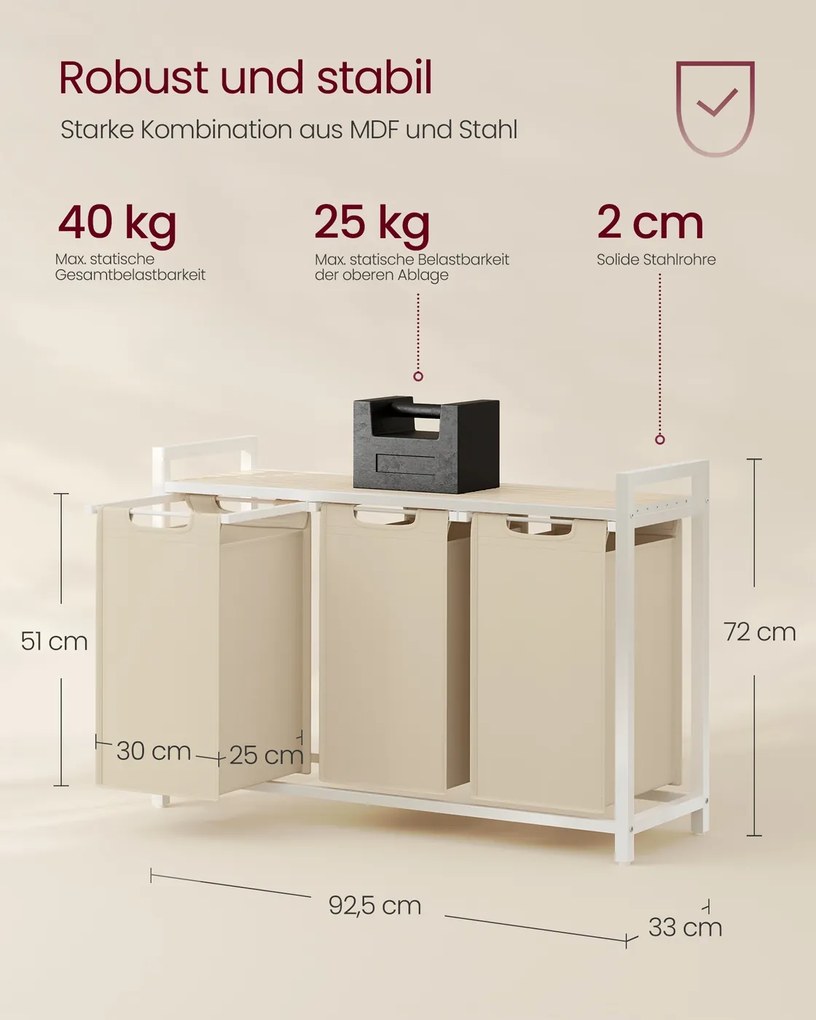 Cesto da roupa com 3 compartimentos e prateleira prática 92,5 x 33 x 72 cm bege cappuccino-bege natural