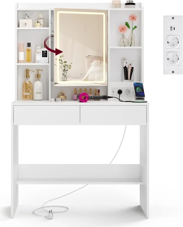 Toucador com espelho LED (BANCO NÃO INCLUIDO) regulável, 2 gavetas 40 x 90 x 145 cm Coleção Kailyn, branca