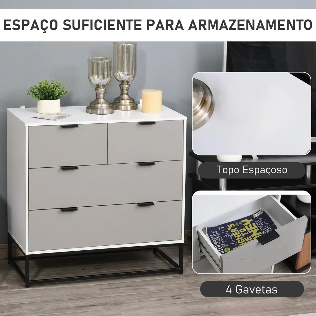 Cómoda com 4 Gavetas Base Elevada e Desenho Antiderrapante 80x40x79 cm Branco Cinzento e Preto