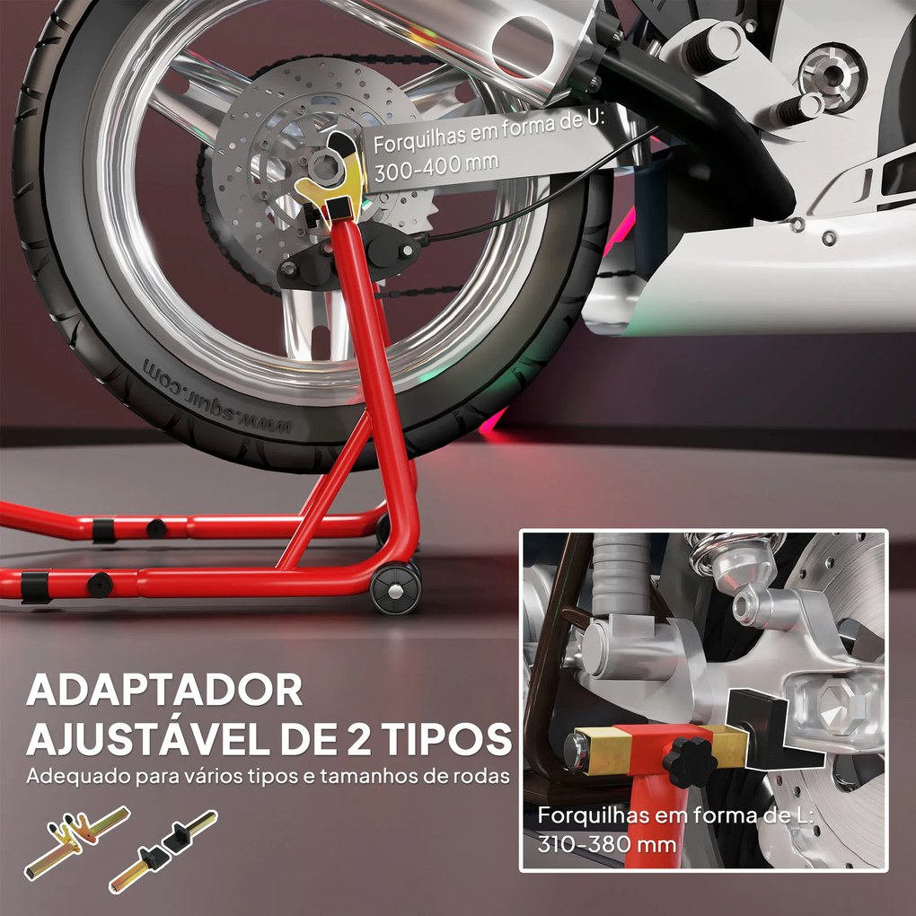 Cavalete Elevador Universal Suporte Roda Traseira Mota com Forquilhas em U e L Ajustáveis e Almofadas Antiderrapantes 58,5x34,5x69 cm Vermelho