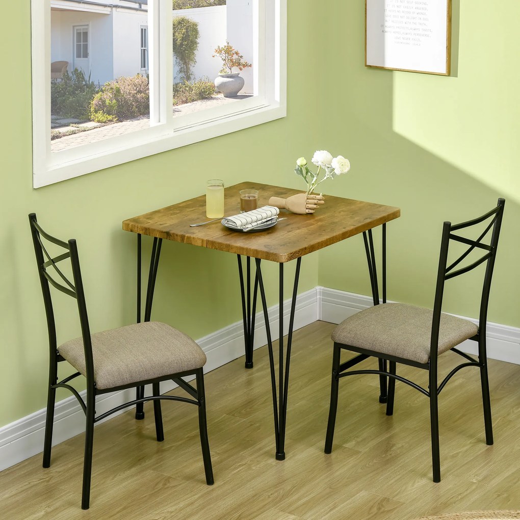 HOMCOM Conjunto de Sala de Jantar 3 Peças Conjunto 1 Mesa 74x74x76cm e 2 Cadeiras 42x50x91,5cm com Pés de Aço Estilo Moderno para Cozinha Marrom e Preto