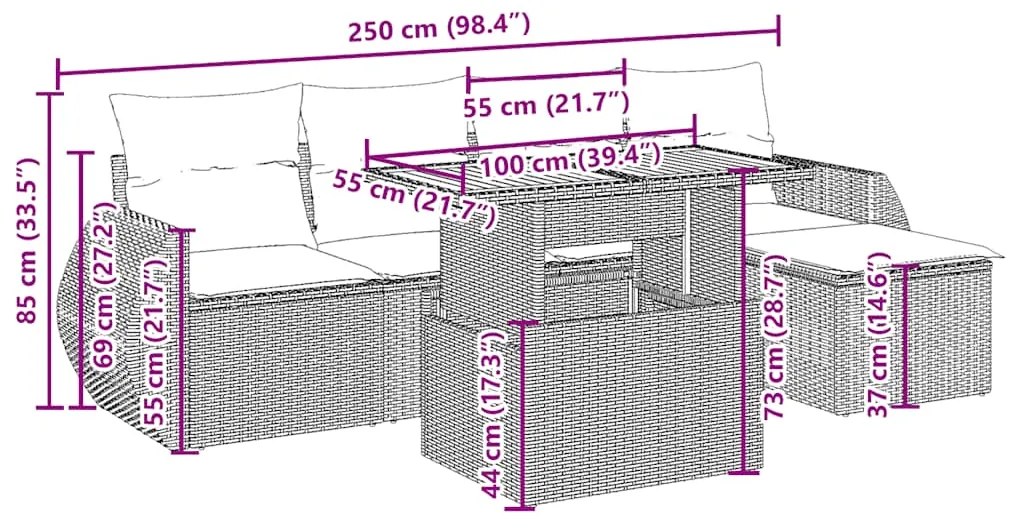 6 pcs conjunto de sofás p/ jardim com almofadões vime PE bege