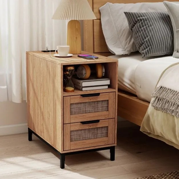Mesa de cabeceira, Mesa apoio 60 x 35 x 61 cm em rattan com estação de carregamento e 2 gavetas estilo boho Natural e preto