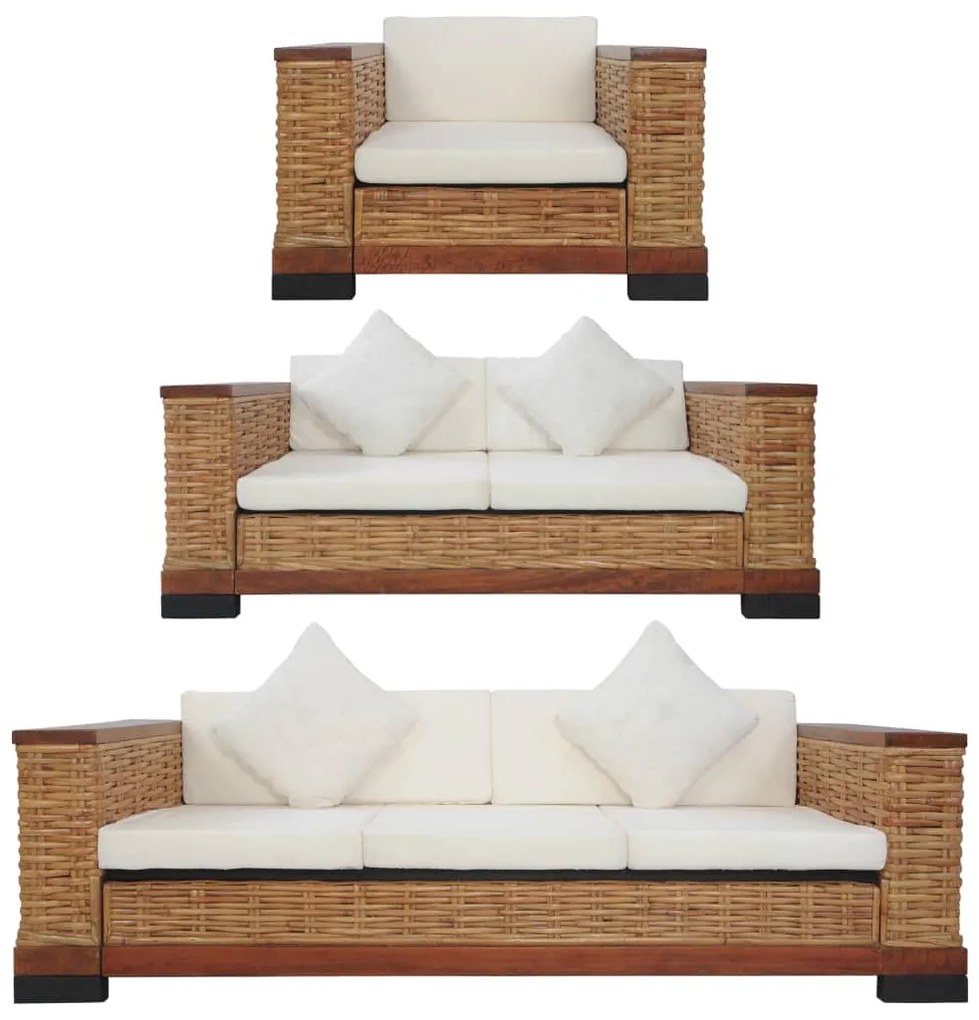vidaXL 3 pcs conjunto de sofás com almofadões vime natural castanho