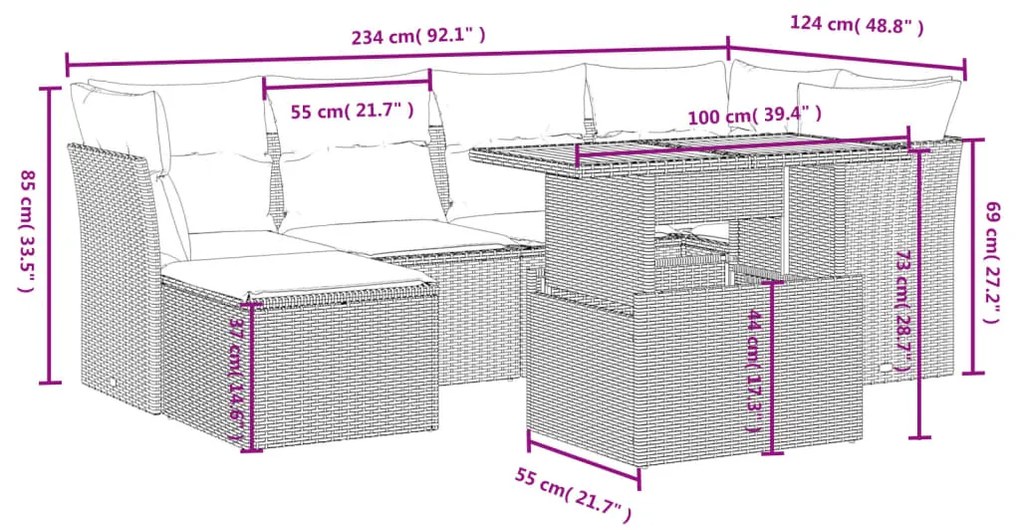 7 pcs conjunto de sofás p/ jardim c/ almofadões vime PE preto