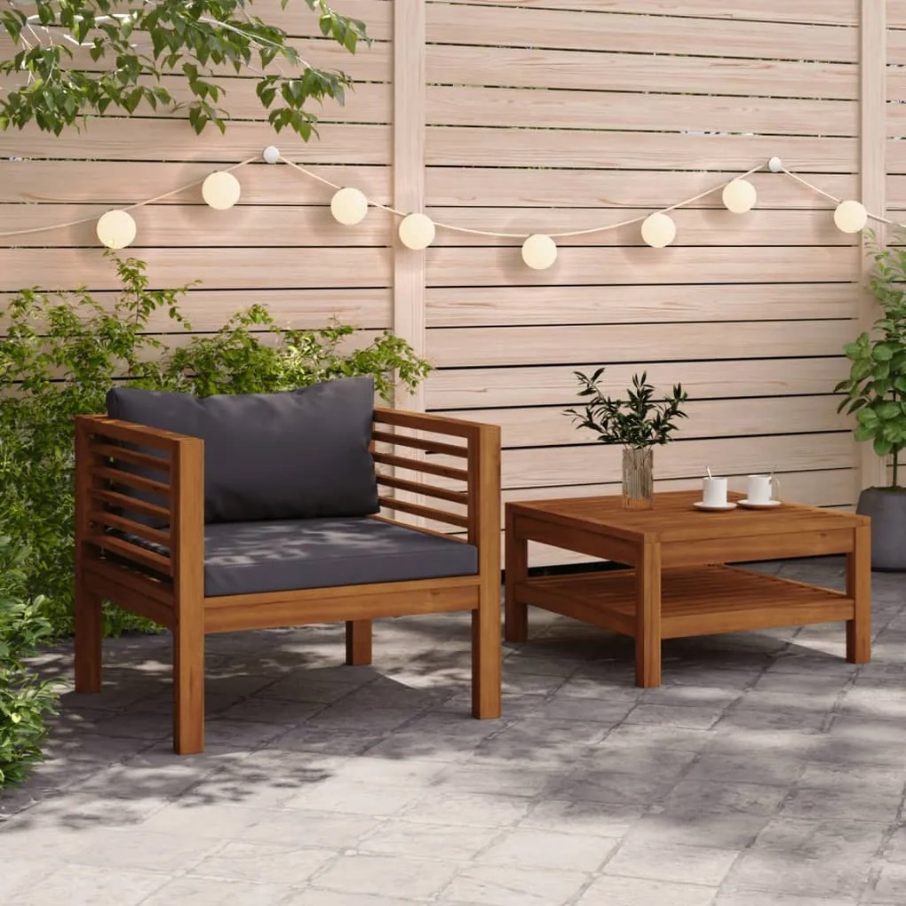 316284 vidaXL Conj. sofás de jardim 2 pcs c/ almofadões cinza-escuro acácia