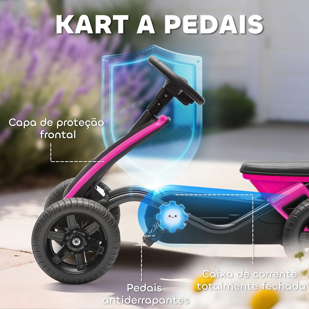 Kart Pedais Kart com Rodas Antiderrapantes de EVA Estrutura Metálica Carga 30 kg para Crianças de 2-5 Anos 85,5x49x57 cm Rosa