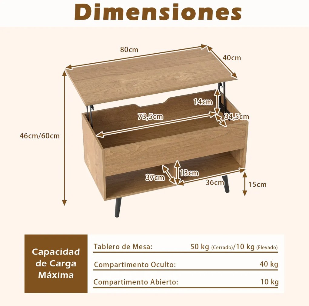 Mesa de centro com tampo elevável 80 x 40 x 46 cm, compartimento oculto e 2 prateleiras para sala de estar Natural