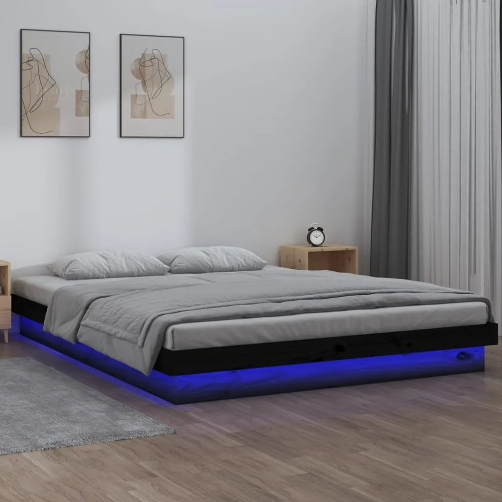 vidaXL Estrutura de cama c/ LED 140x190 cm madeira maciça preto