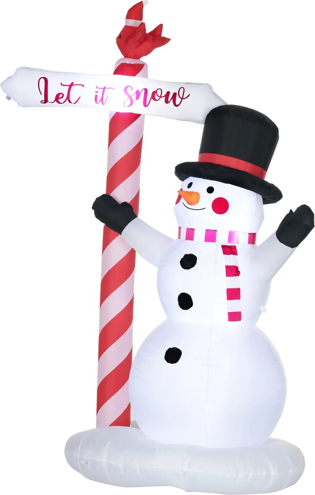Boneco de neve insuflável altura 213 cm com cartaz de 3 LEDs, em poliéster impermeável, branco