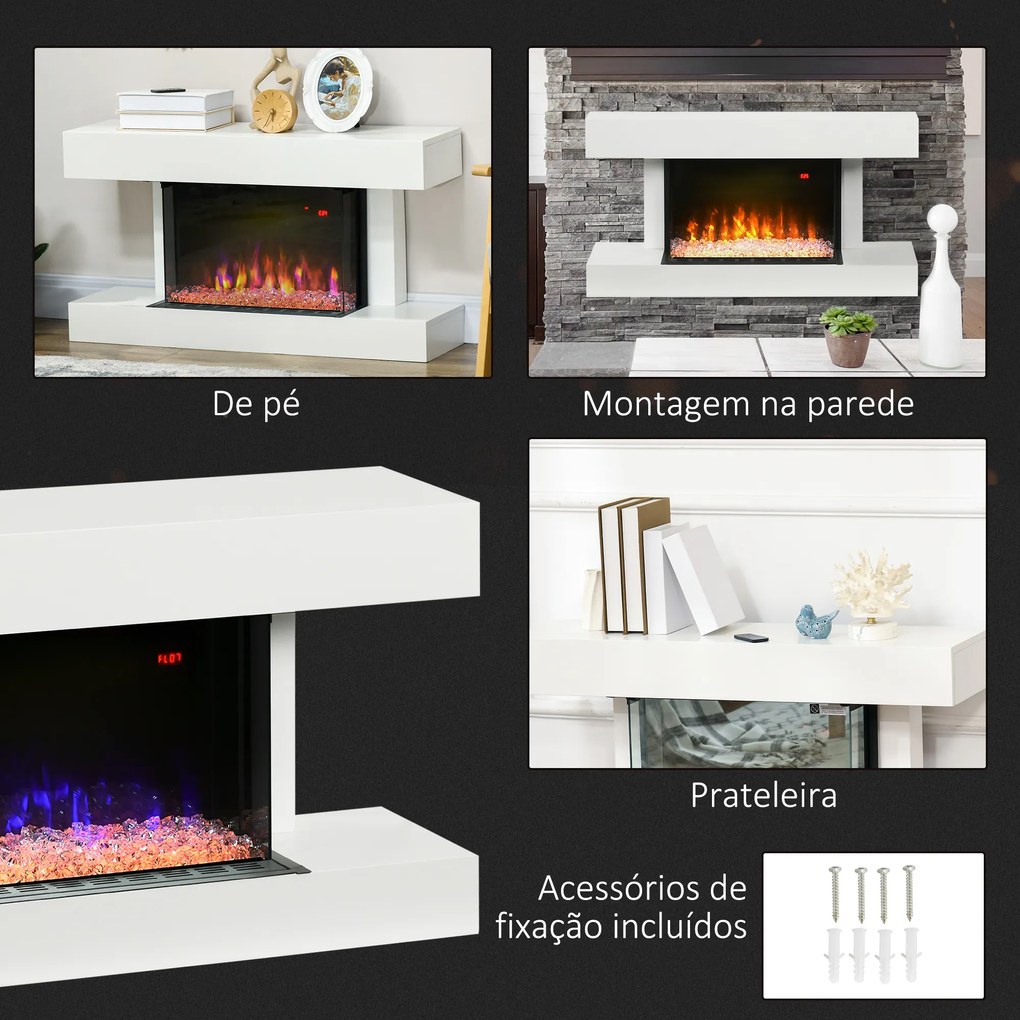 HOMCOM Lareira Elétrica 1000W/2000W Lareira Elétrica de Parede com Temperatura Ajustável Silenciosa Temporizador e Controlo Remoto para Ambientes de 15-25 m² 98x27x54,5 cm Branco