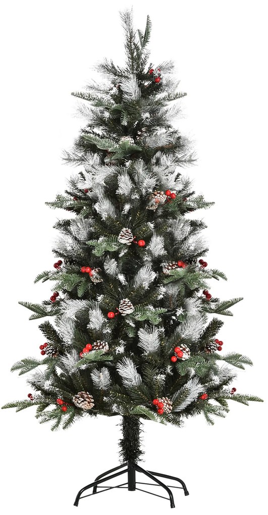 Árvore de Natal Artificial 150cm com 440 Ramas 39 Pinhas e 39 Frutinhas Folhas de PVC PE Base Dobrável e Suporte Metálico Decoração de Natal para Inte