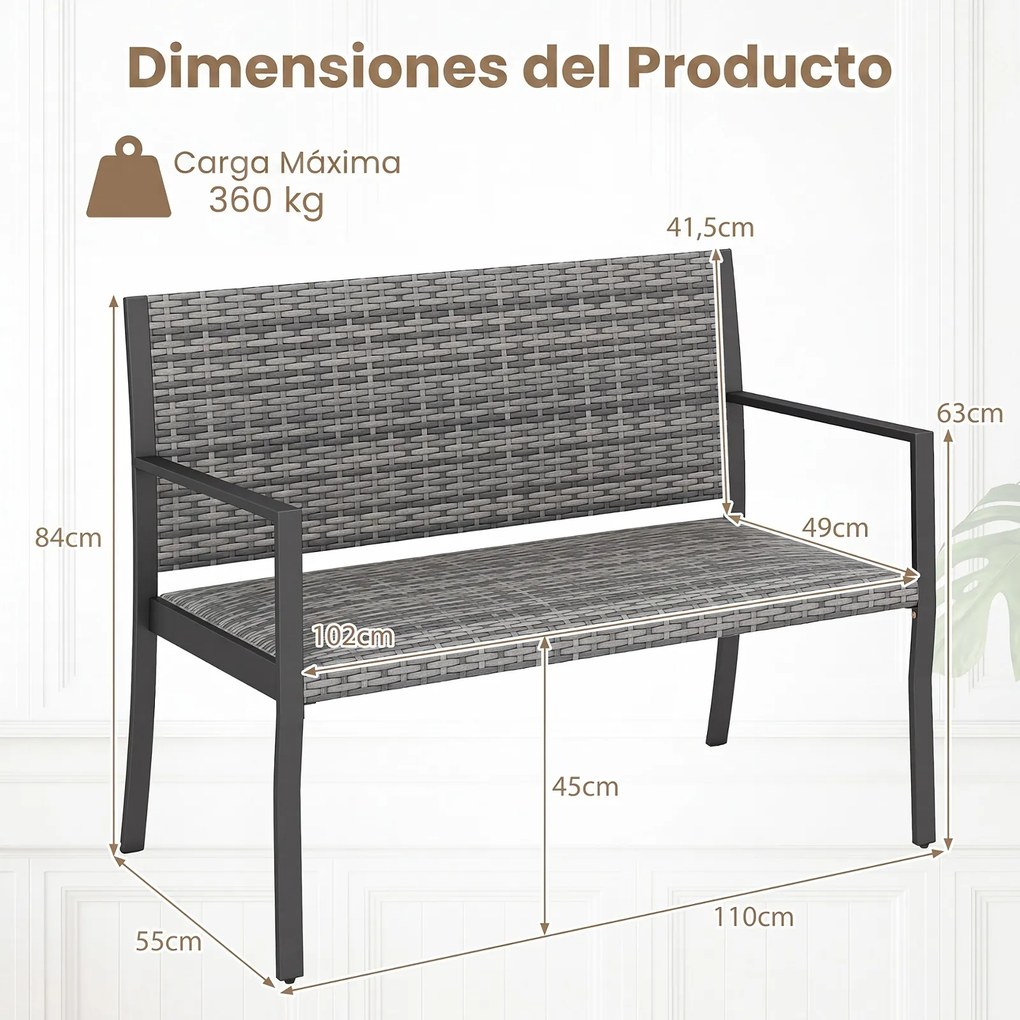 Banco de Jardim para 2 Lugares, 109 x 55 x 84 cm, Assento Acolchoado, Cinzento