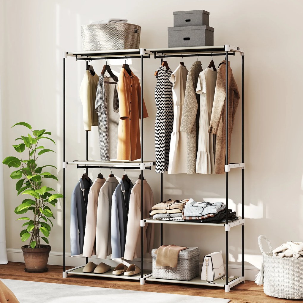 Guarda Roupa Aberto 142x43x185 cm Armário para Roupas com 4 Prateleiras de Tecido 3 Barras para Pendurar Creme