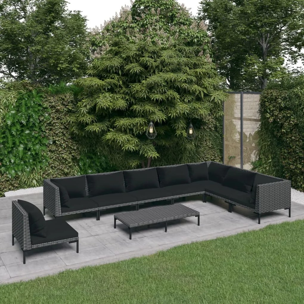 vidaXL 9 pcs conj. lounge jardim c/ almofadões vime PE cinzento-escuro