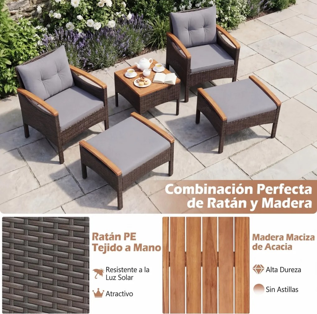 Conjunto  de jardim de 5 peças em vime e rattan, com 2 poltronas, 2 pufes, mesa em madeira de acácia Castanho misturado e cinzento