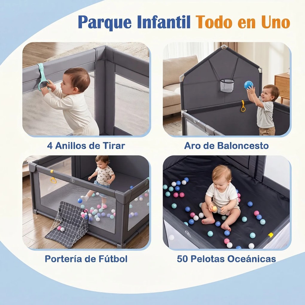 Parque Infantil Dobrável, 223 x 150 x 163 cm, Estrutura Metálica Reforçada, Cinzento-escuro