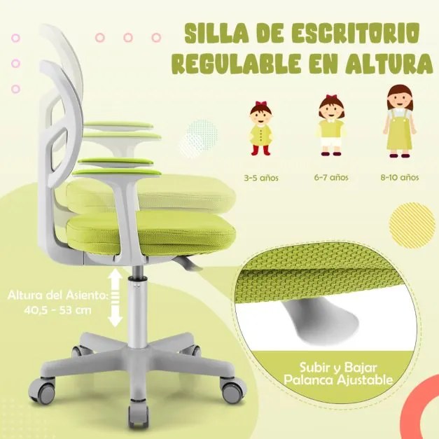 Cadeira de secretária ergonómica para crianças com rodas Cadeira giratória para computador Apoio lombar ajustável em altura Verde