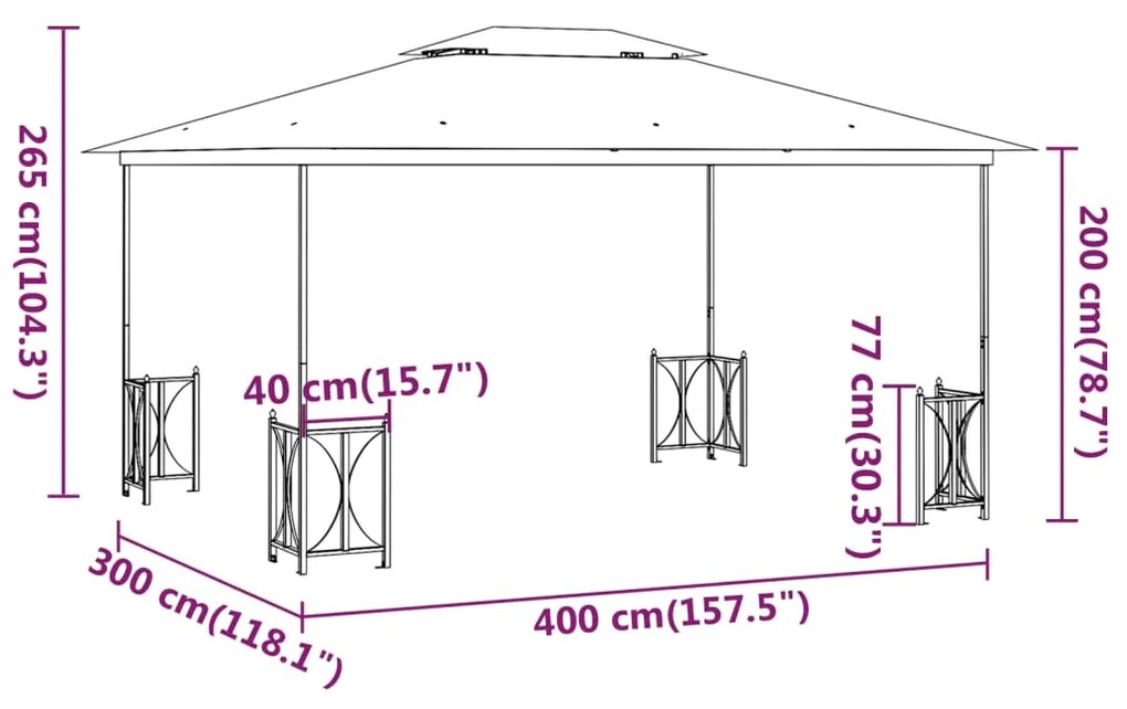 Gazebo com paredes laterais e telhado duplo 3x4 m cor antracite