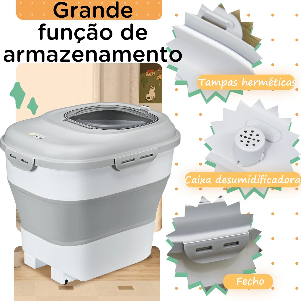 Recipiente de Comida para Cães 25L com Rodas Copo Medidor Tigela dobrável e colher cinza