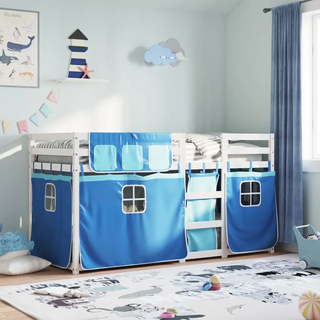 vidaXL Beliche com cortinas 90x200 cm madeira de pinho maciça azul