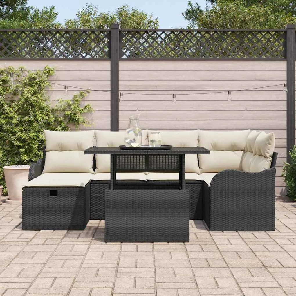 Conjunto de Sofás de Jardim vidaXL de 7 peças com Almofadas Preto Ratt