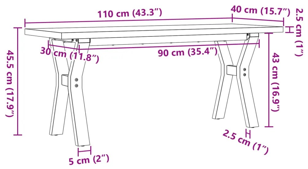 Mesa de centro estrutura em Y 110x40x45,5cm pinho/ferro fundido