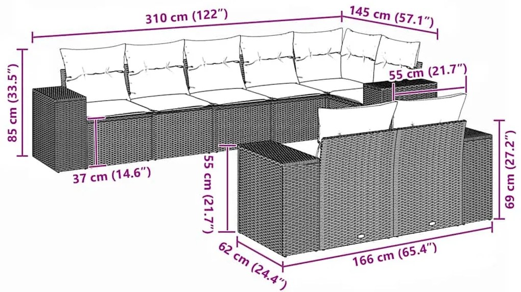 8 pcs conjunto sofás de jardim com almofadões vime PE preto