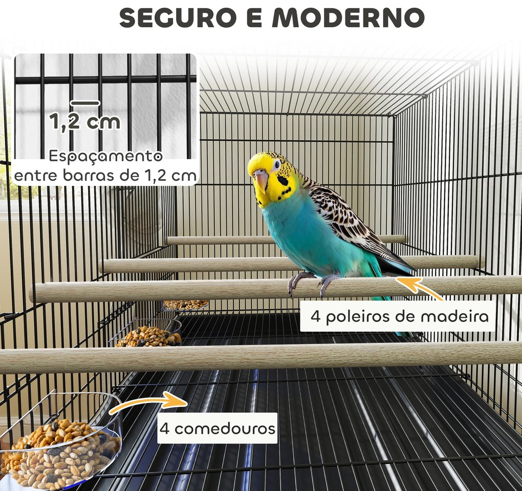 Gaiola para Pássaros com Divisória Rodas Gaiola para Aves com Comedouros Poleiros e Bandeja Removível 76x46x116 cm Preto
