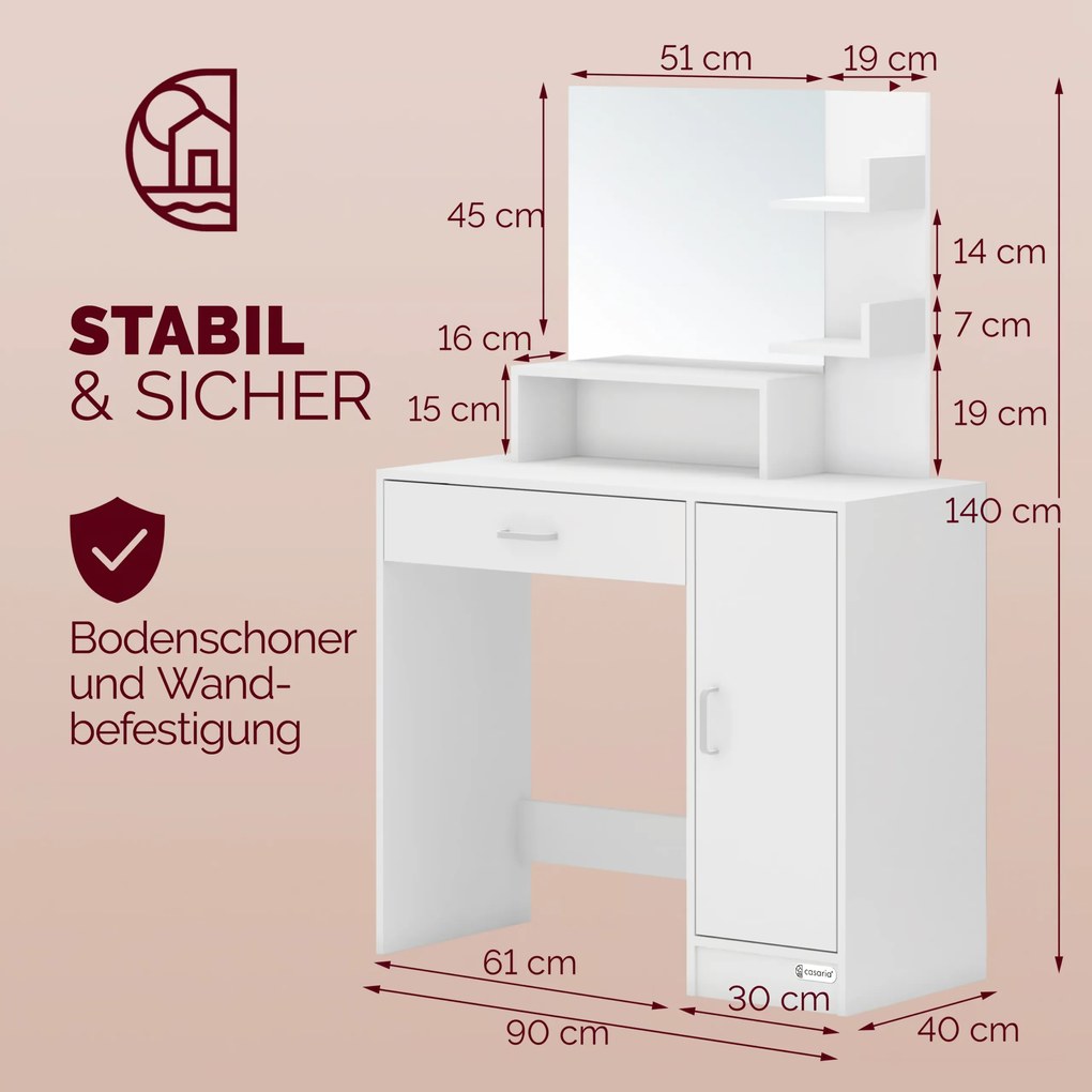 Toucador de maquilhagem 140x90x40cm inclui banco com rodas branco