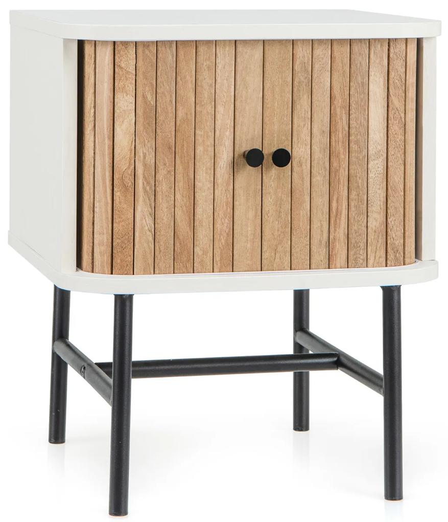 Mesa de cabeceira com portas de correr Mesa de cabeceira com armário de arrumação Pernas metálicas 40 x 39 x 49 cm Branco