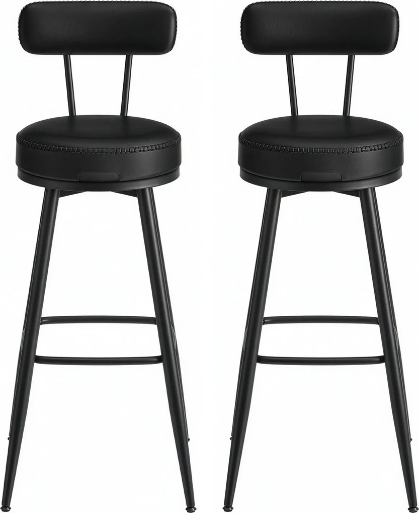 Conjunto de 2 bancos altos giratórios com encosto, couro sintético 56 x 56 x 101,5 cm preto