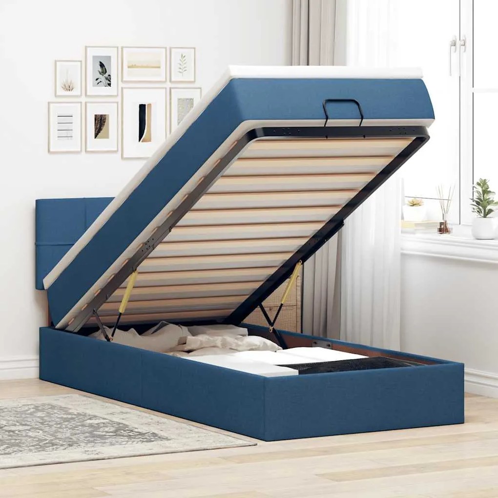 Cama Otomana com Colchão & LEDs Tecido Azul 90x200 cm