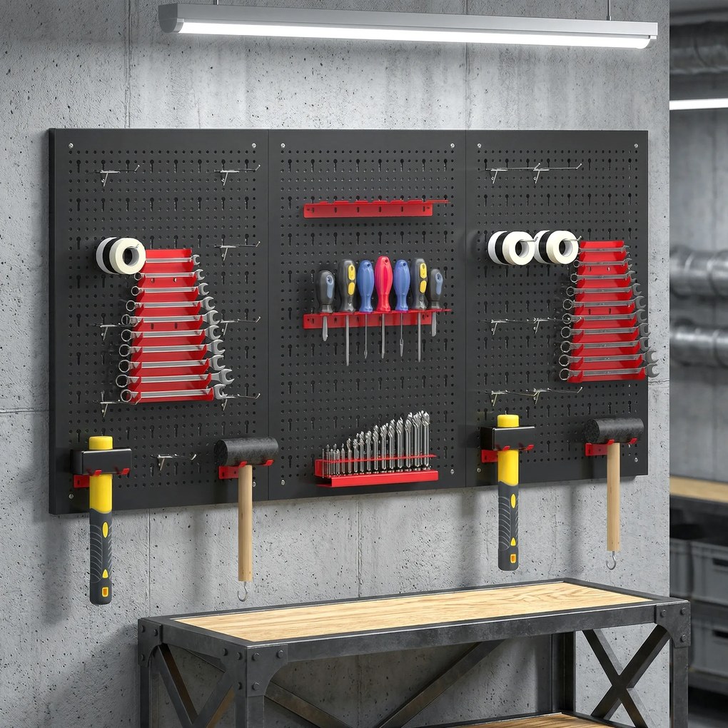 Organizador de Ferramentas de Parede com 28 Peças cada painel 60x40 cm com Ganchos e Suportes Preto e Vermelho