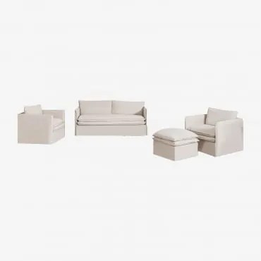 Conjunto De Sala Com Sofá De 3 Lugares, 2 Poltronas E Puff Em Linho E Algodão Grace Tecido Beige - Sklum